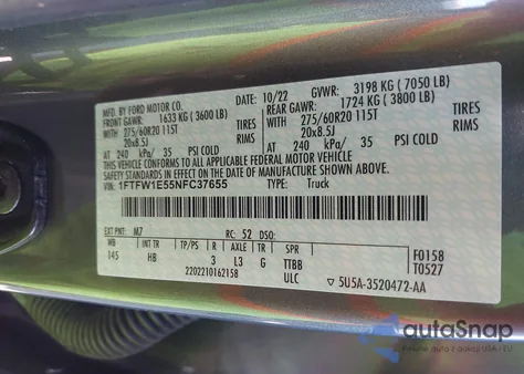 2022 Ford F-150 Lariat из США, поврежденный, VIN 1FTFW1E55NFC37655